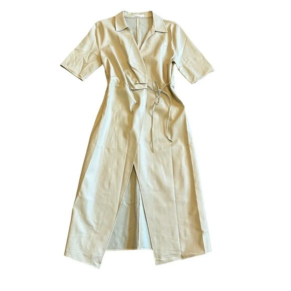 Oak + Fort Cream Vegan Faux Leather Wrap Dress Midi Length Size Small Women's - Picture 1 of 13